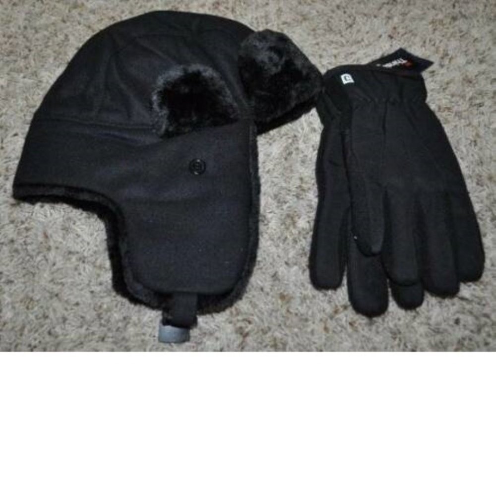 Mens Winter Trapper Hat & Touchscreen Gloves Set Chaps Black Fleece Wool Blend